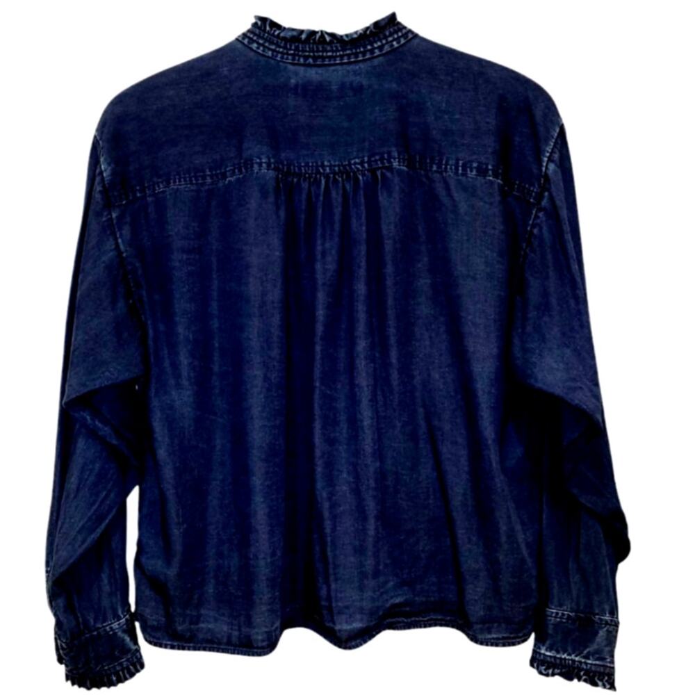 LOFT Chambray Ruffle Blouse Boho Cottagecore Relaxed Peasant Blue Top L Spring - Picture 5 of 13